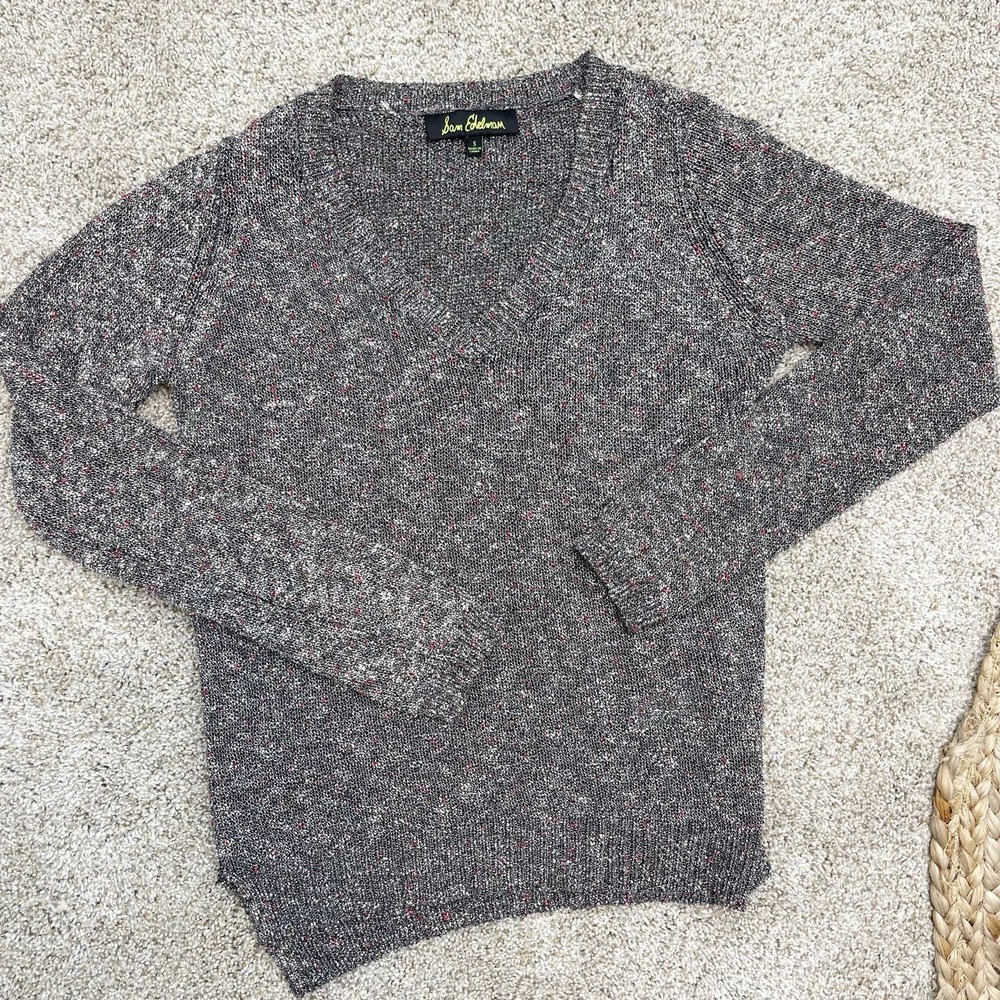 Sam Edelman Slub V-Neck Top Long Sleeve Pullover Hi-Low Rib Sweater Gray Small - Picture 2 of 11